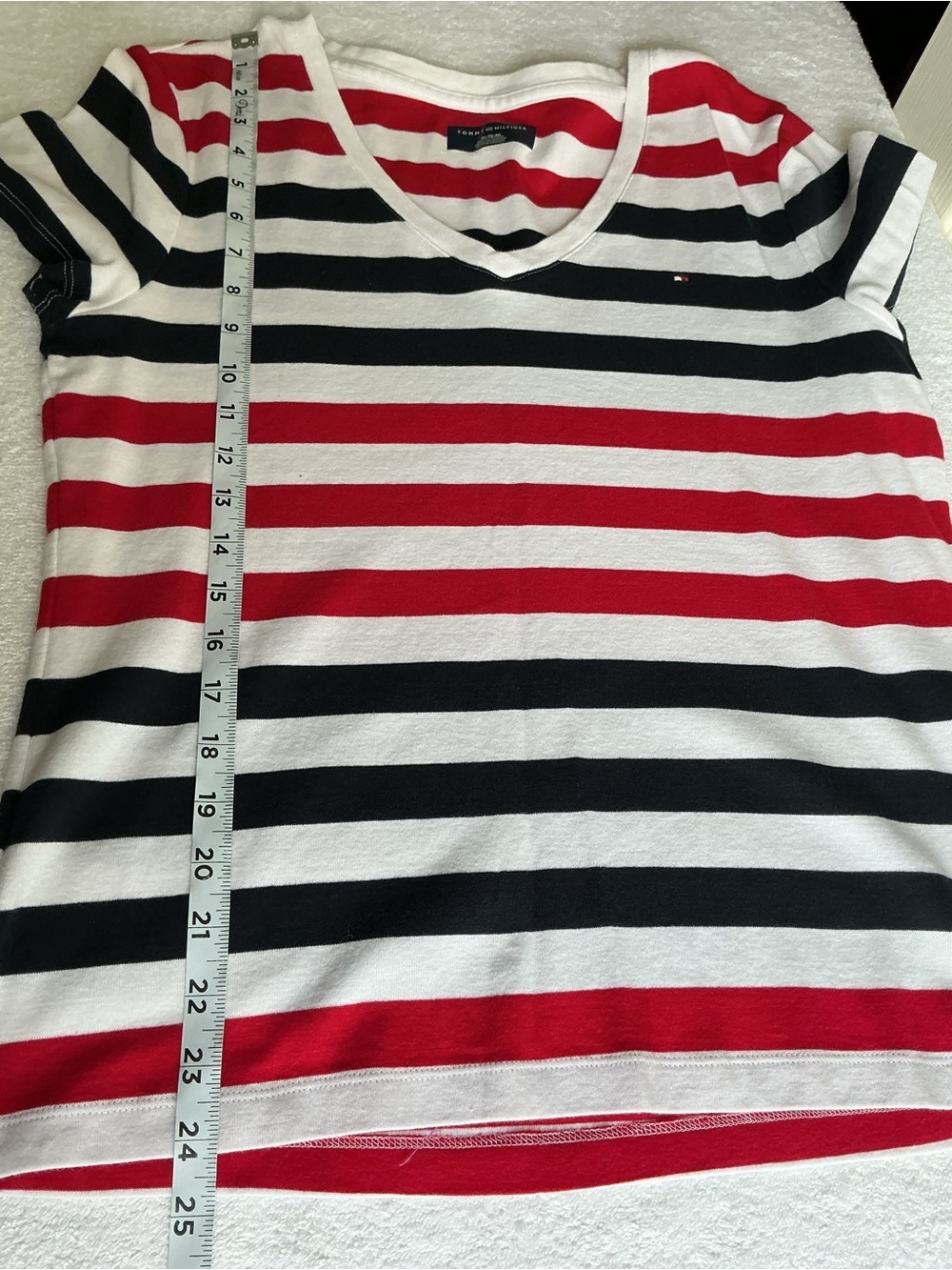 Tommy Hilfiger Striped V-Neck Tee in Red, Black & White - Picture 7 of 9